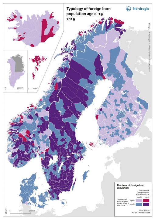 Karta över Norden med regionerna i olika lila färger