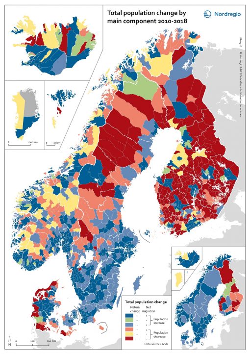 Nordenkarta i olika färger per region som indikerar Total population change