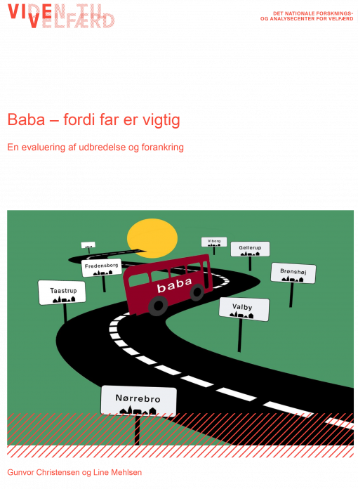Rapportens omslag med en tecknad bil av en buss med orden BABA på som åker på en väg