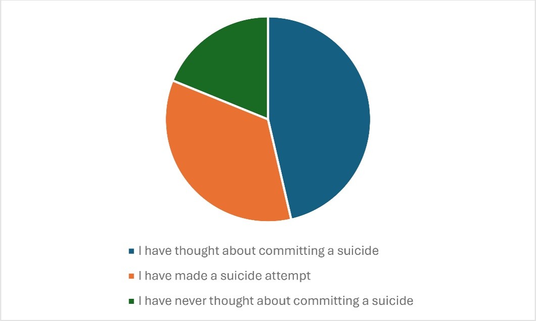 Pie chart: ~47% have thought about suicide, ~35% have attempted, ~18% have never had such thoughts.