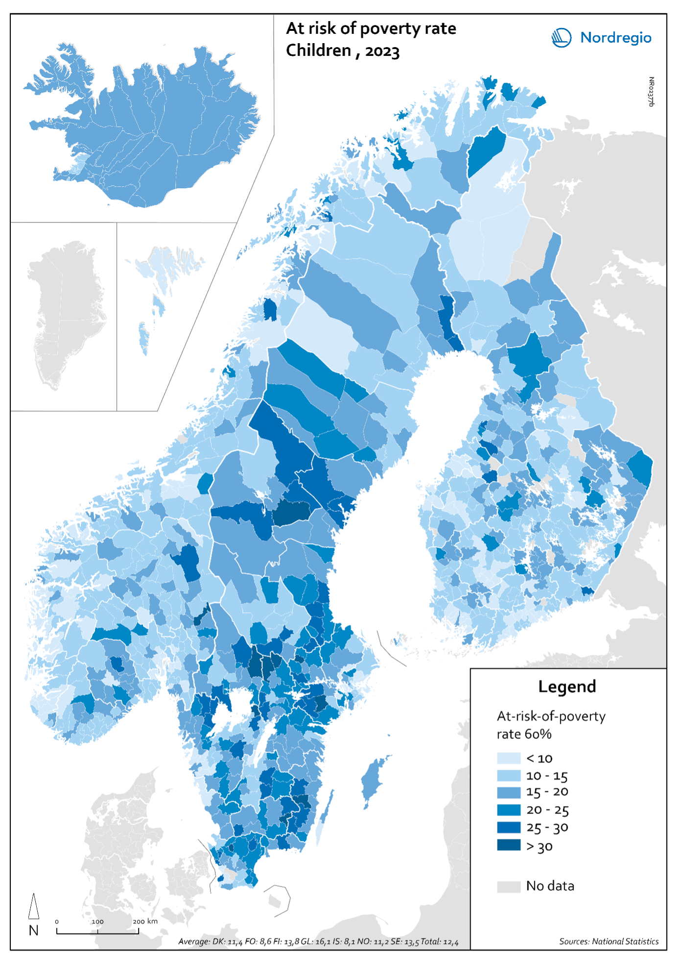 Map 1 Map describing regional differences of Child AROP in the Nordic countries as described in text above.