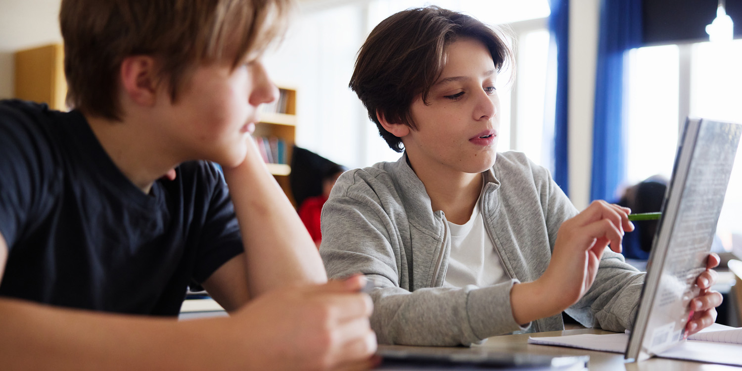 Pupils in a classroom with textbooks.