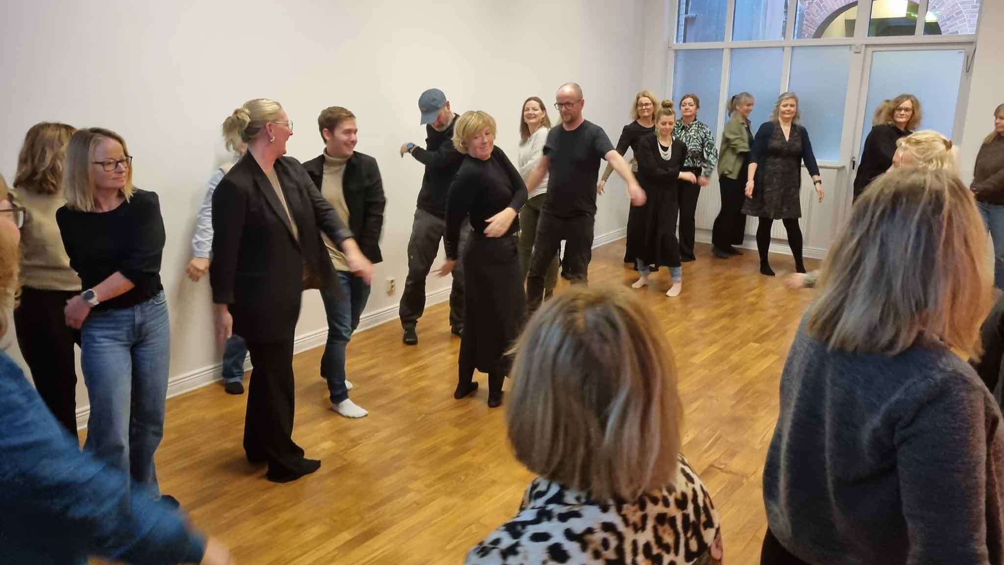 Deltakerne på et kurs ved Nordens velferdssenter beveger seg med dansetrinn i et rom.