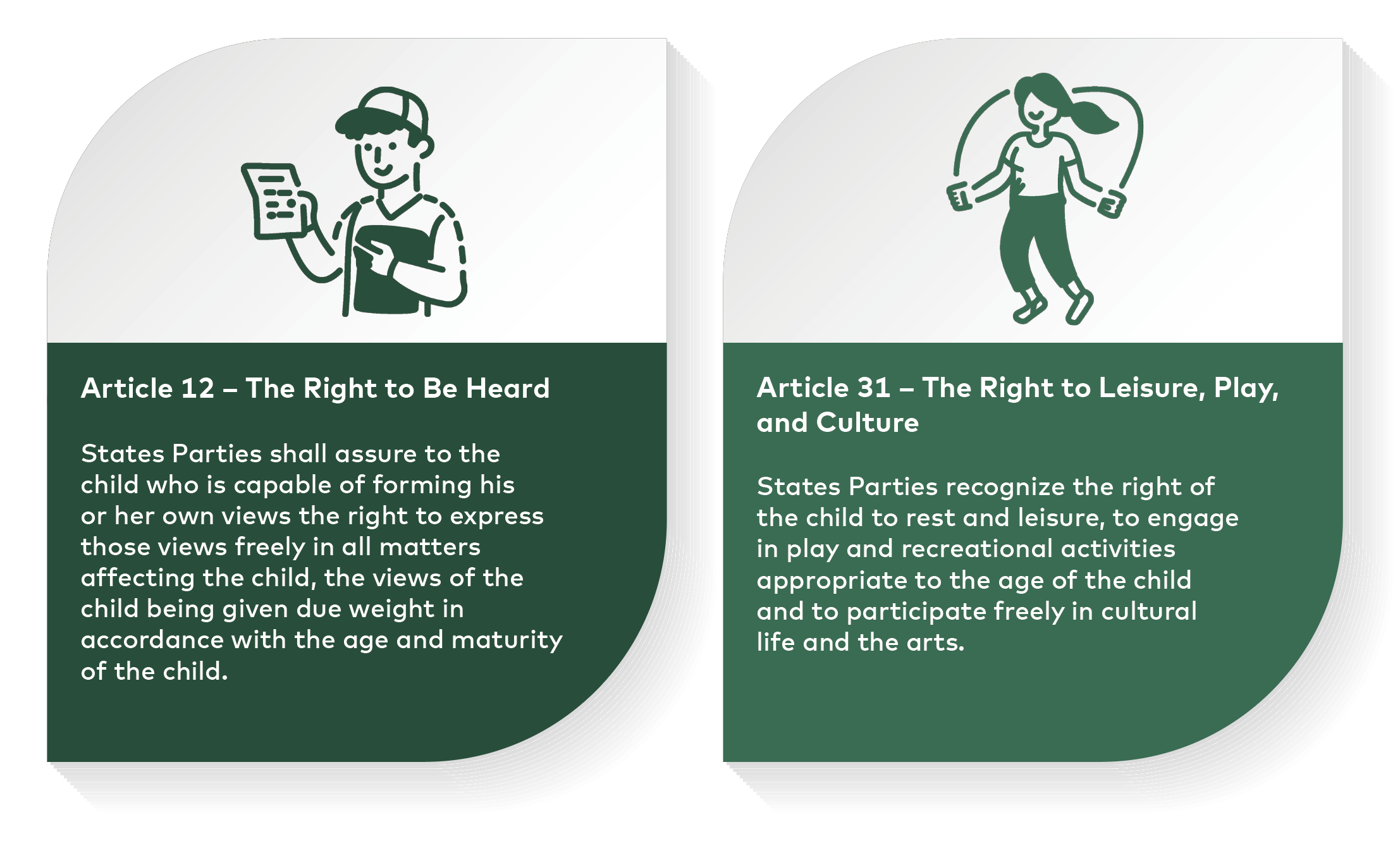 Two panels showing UN child rights: Article 12, Right to Be Heard, and Article 31, Right to Leisure, Play, and Culture.