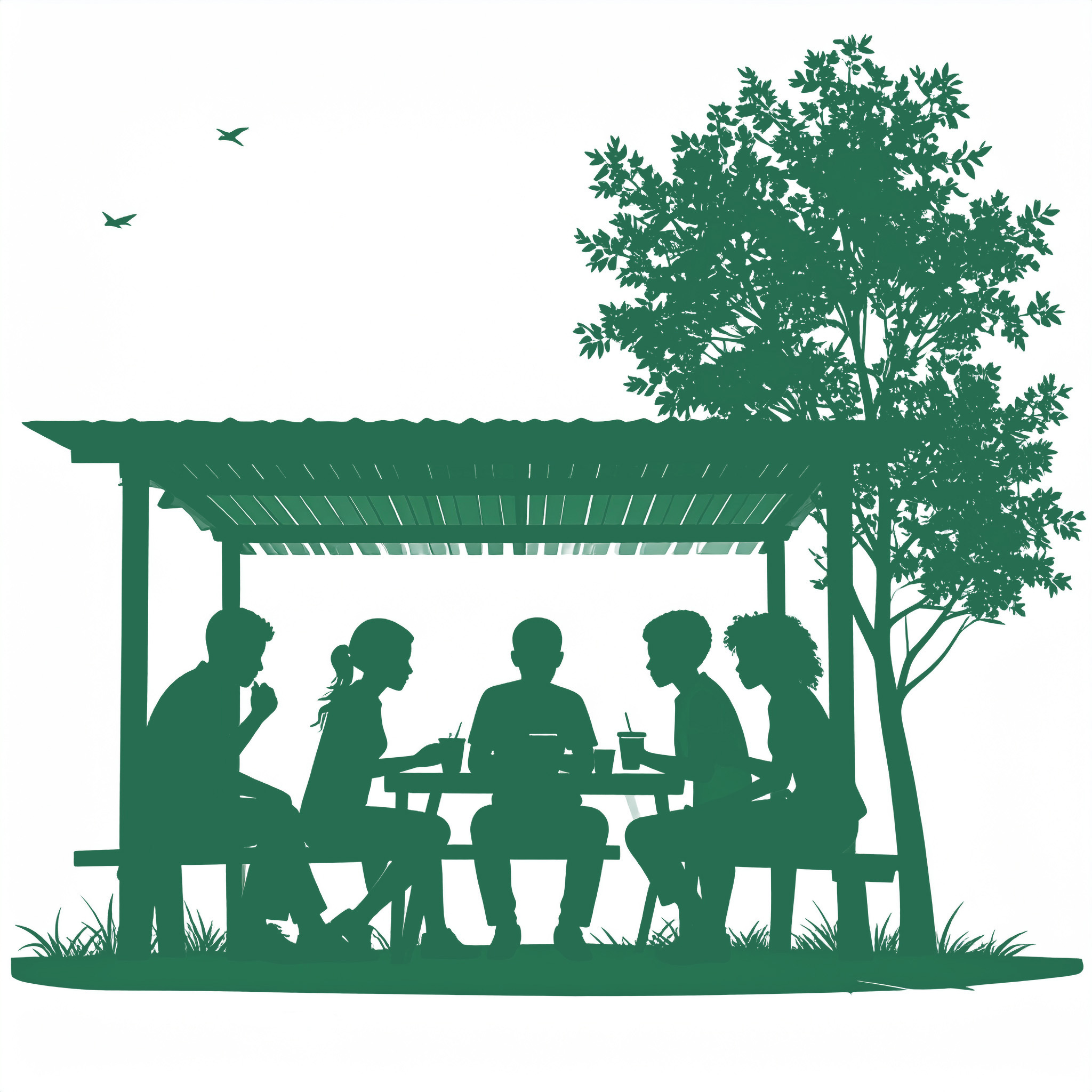 Silhouette of five young people sitting and talking under a shelter by a tree, symbolizing social connection.