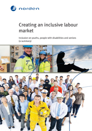 Creating an inclusive labour market - Inclusion of youths, people with disabilities and seniors (a summary). Young people in work clothes. Norden logo.