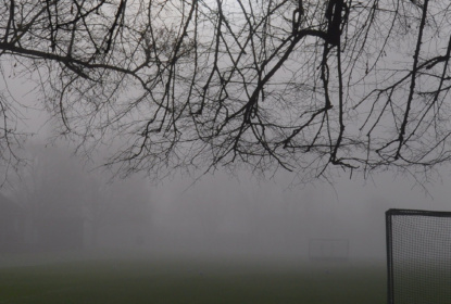 Svart vit foto av en dimmig park med några träd.