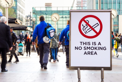 LONDON, ENGLAND – APRIL 25: Signal no smoking area. There are several non-smoking areas in the canary wharf district of london. There is growing sensitization to quit smoking . Selective focus