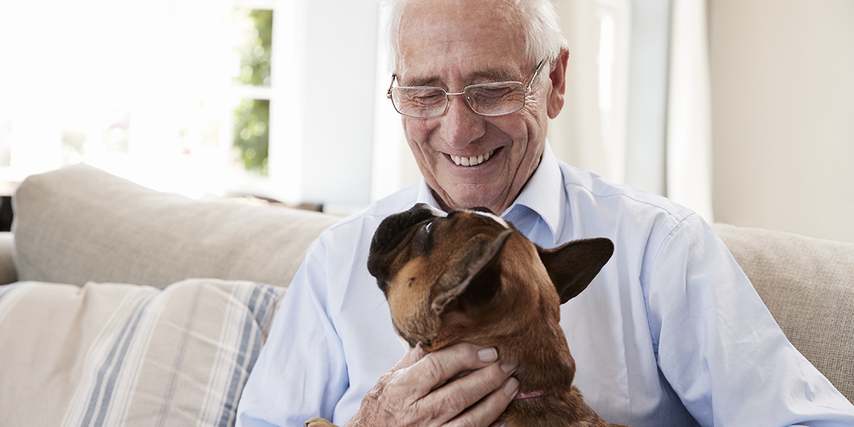Pensionär sitter och klappar en hund.