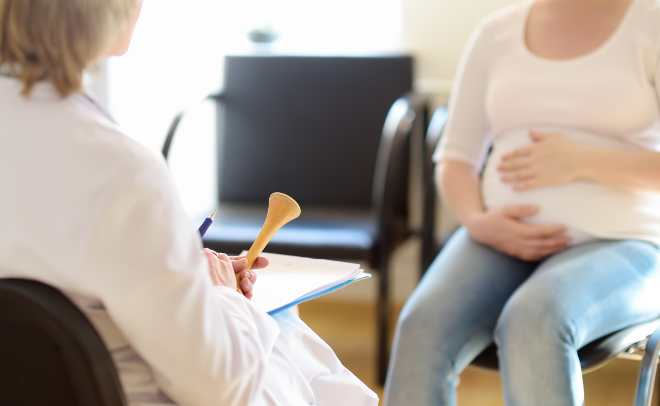 Gynecologist doctor accepts of a pregnant woman. Medical insurance childbearing. Family doctor for gestation. Maternity leave.