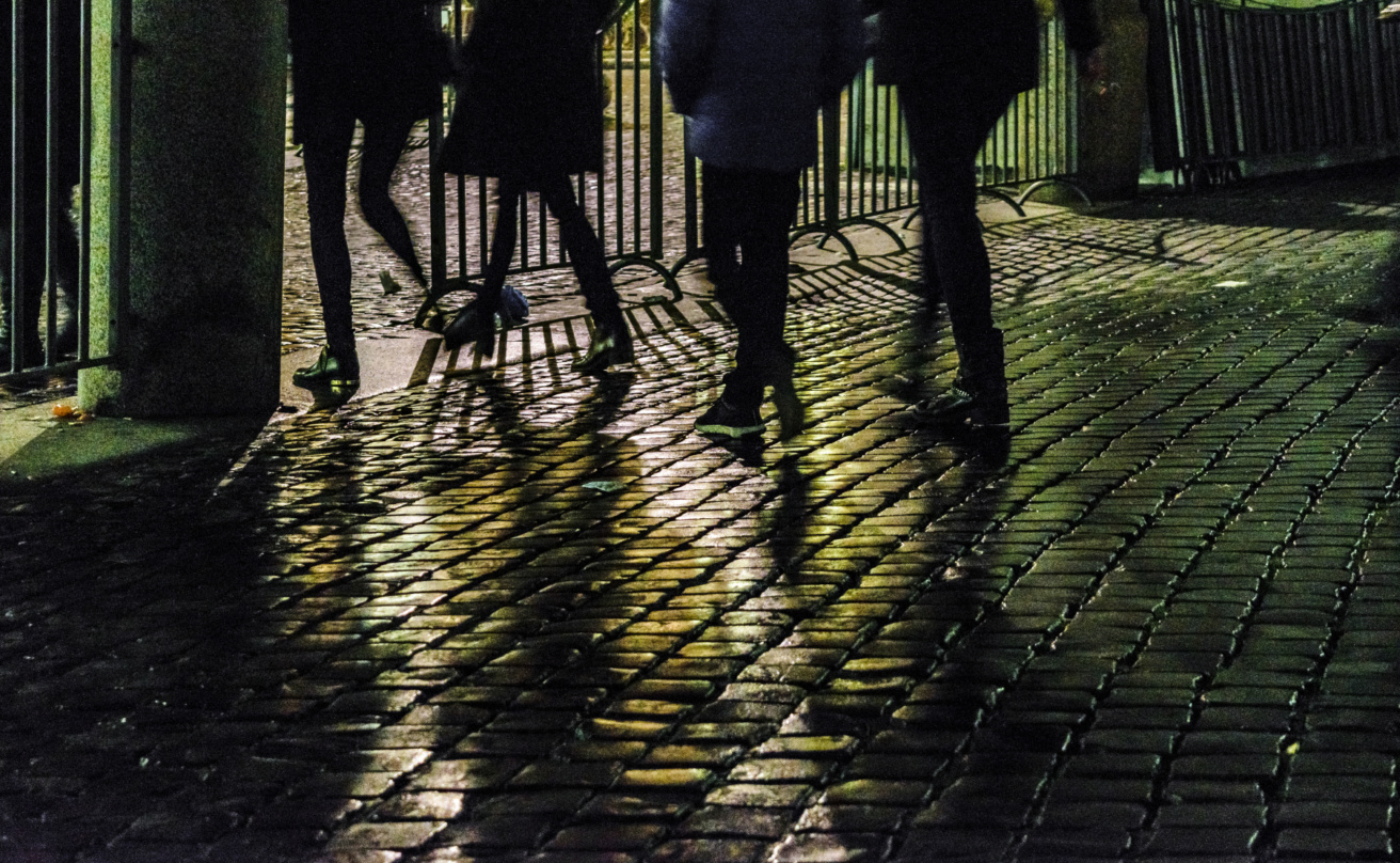 Cobblestone street night scene