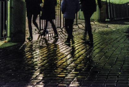 Cobblestone street night scene