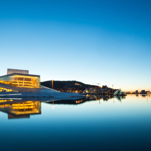 Oslo Opera House and Oslo fjord at dusk