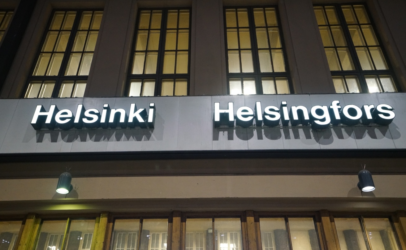 Helsinki Helsingfors sign at railway station