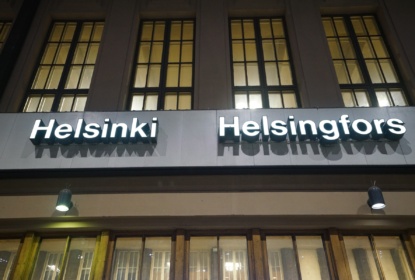 Helsinki Helsingfors sign at railway station