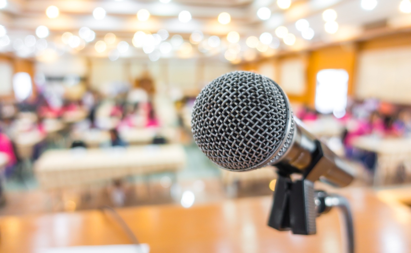 Black microphone in a conference room