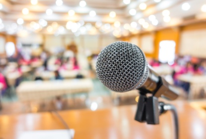 Black microphone in a conference room