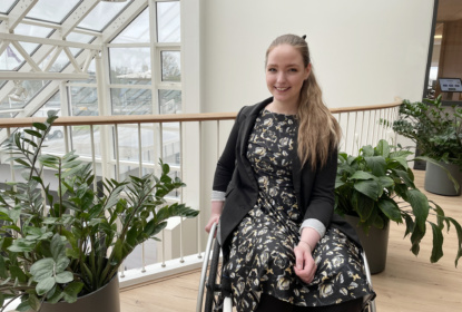 Margrét Lilja Aðalsteinsdóttir, president of Sjálfsbjörg, sitting in wheelchair