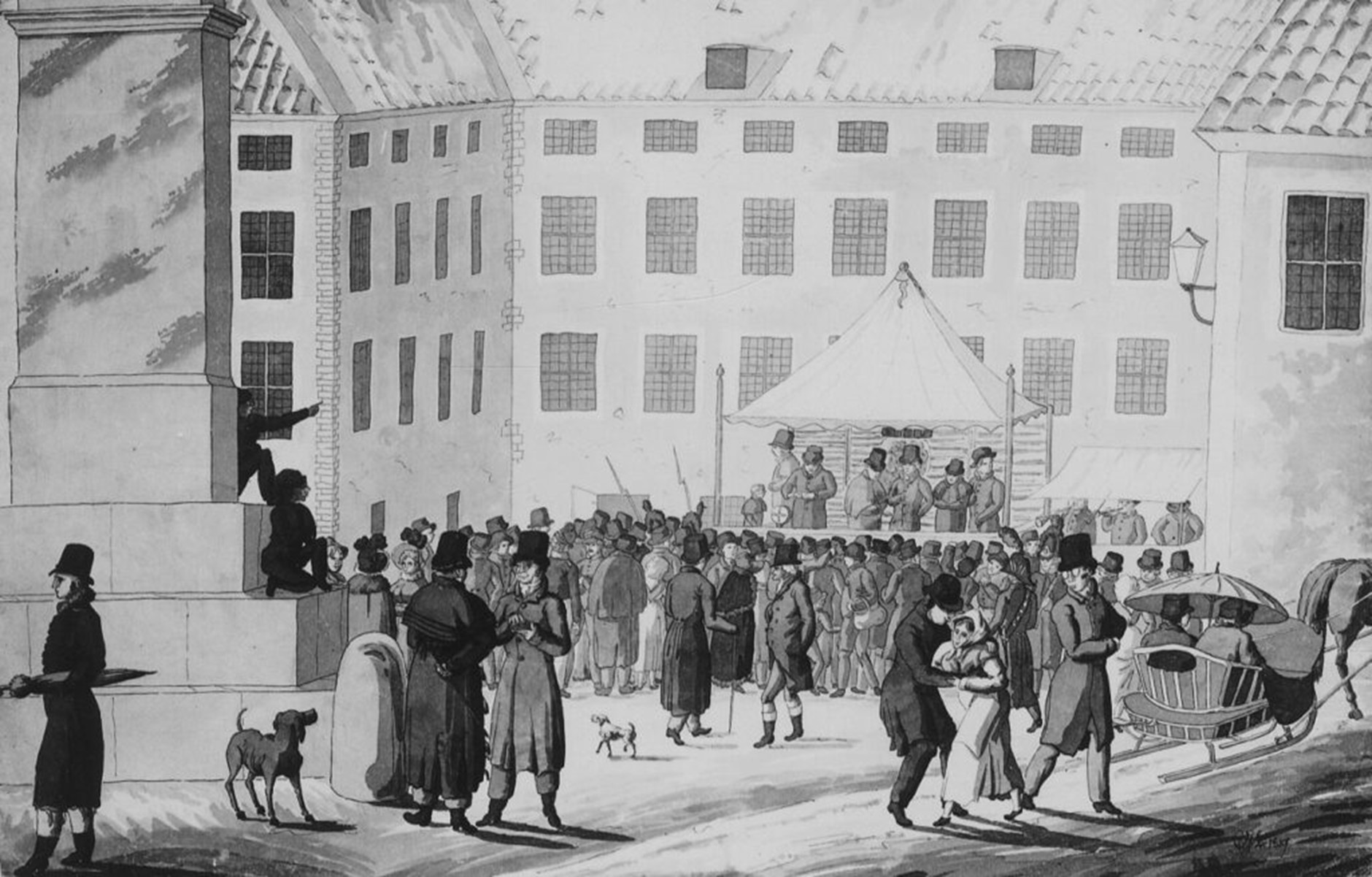 A Swedish Lotto draw, in front of the Indebetou building (site of today’s Hovförvaltningens hus), in 1819. Notice the fainting woman at the front of the image. Has she just won or lost? 