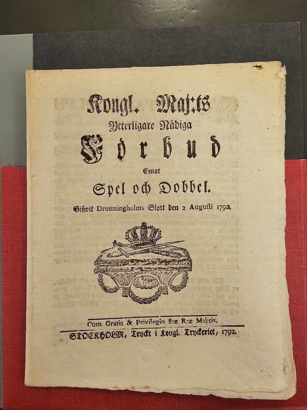 A Swedish law of 1792, reinforcing an already existing ban against the playing of cards and dice in public houses