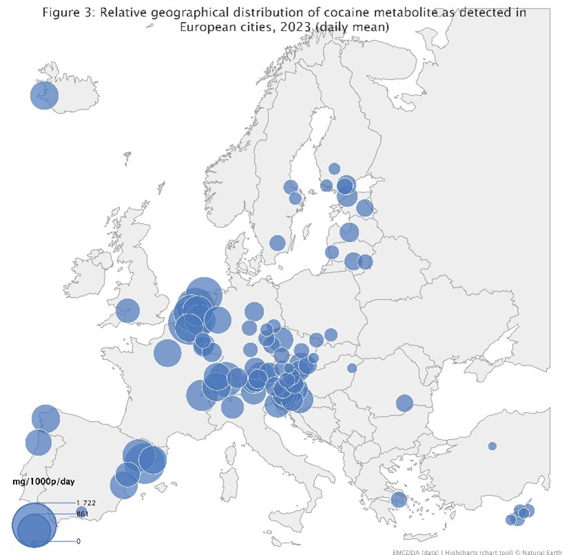A map showing the Relative geographical distribution of cocaine metabolite as detected in European cities, 2023 (daily mean). EMCDDA.