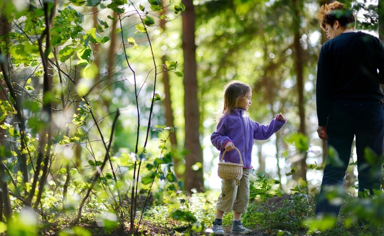 Äldre kvinna och en flicka i skogen