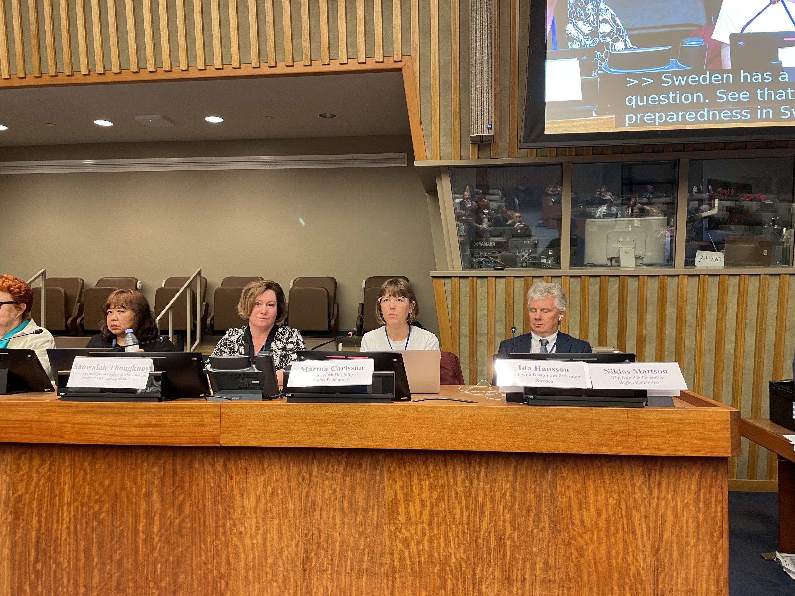 Two women and a man speaking at the UN COSP.