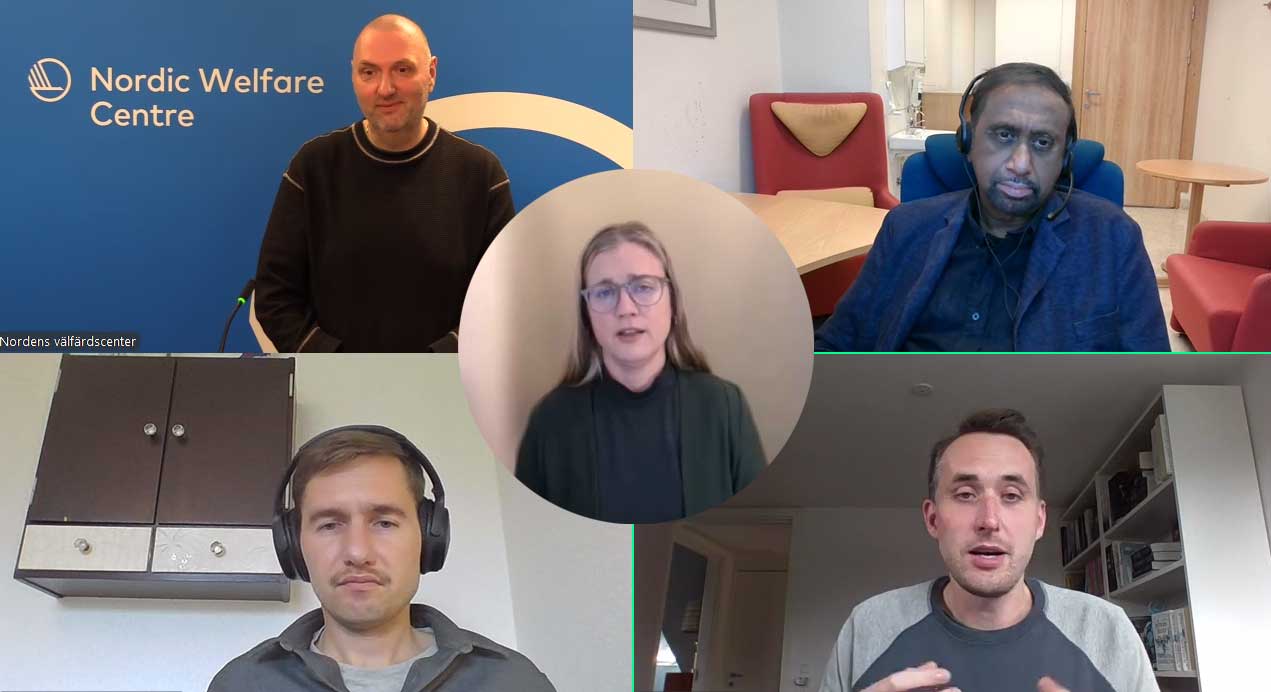 Five speakers participating in an online webinar, shown in separate video frames. The background in the top left shows the Nordic Welfare Centre logo. The speakersare in different locations, each talking or listening during the session.