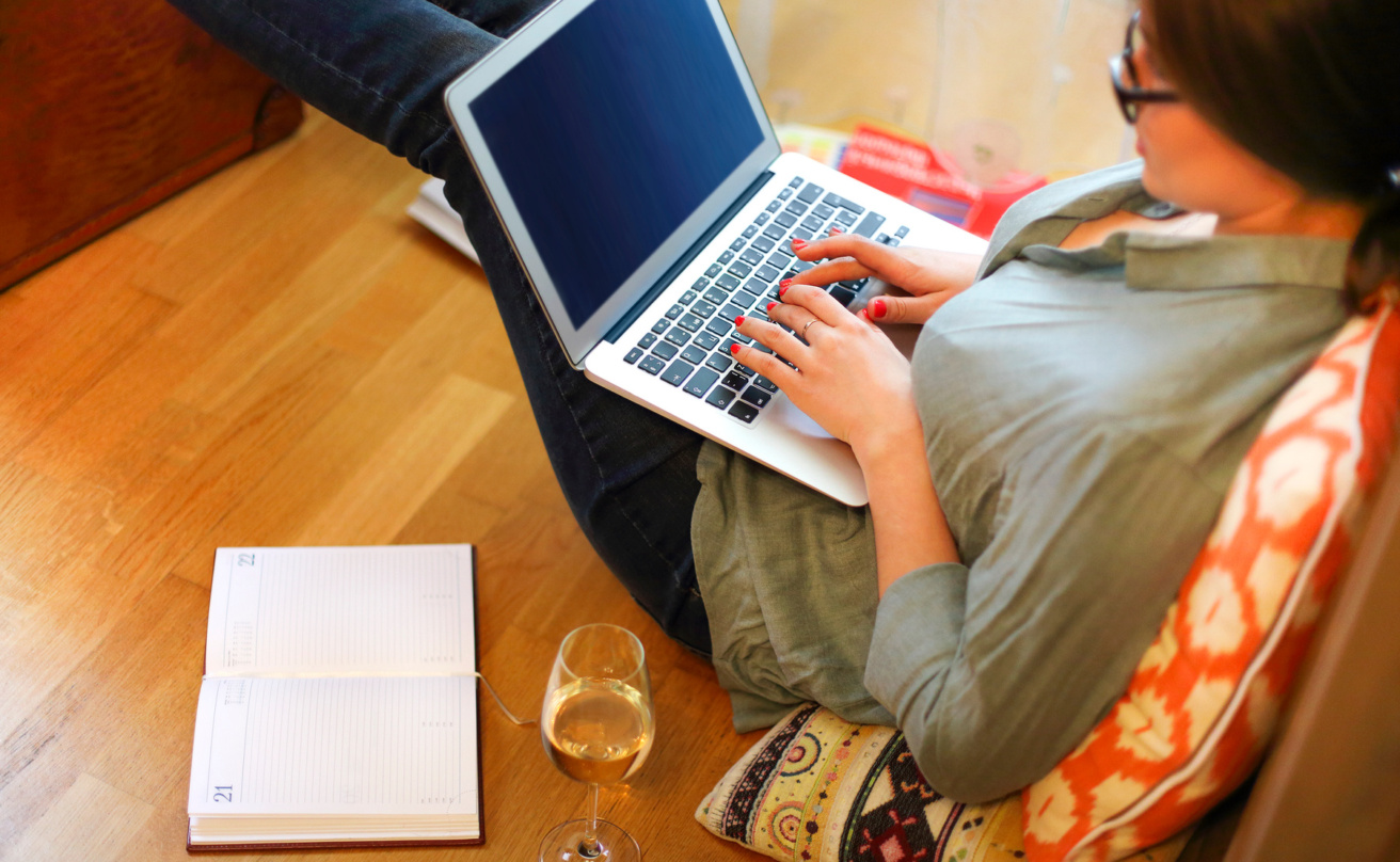 computer remote worker wineglass