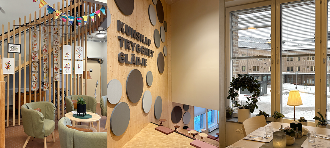 Collage av tre interiörbilder. Till vänster: en sittgrupp med gröna fåtöljer och små runda bord, träribbor med barnens teckningar och färgglada vimplar i taket. I mitten: en trävägg med runda akustikpaneler och orden ”Kunskap Trygghet Glädje”. Till höger: en matplats vid stora fönster med utsikt över en snötäckt innergård, med dukade bord, växter på fönsterbrädan och en tänd bordslampa som skapar en varm atmosfär.