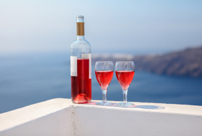 Greece winebottle and two glasses