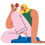 Illustration av flicka som sitter och håller i en blomma.