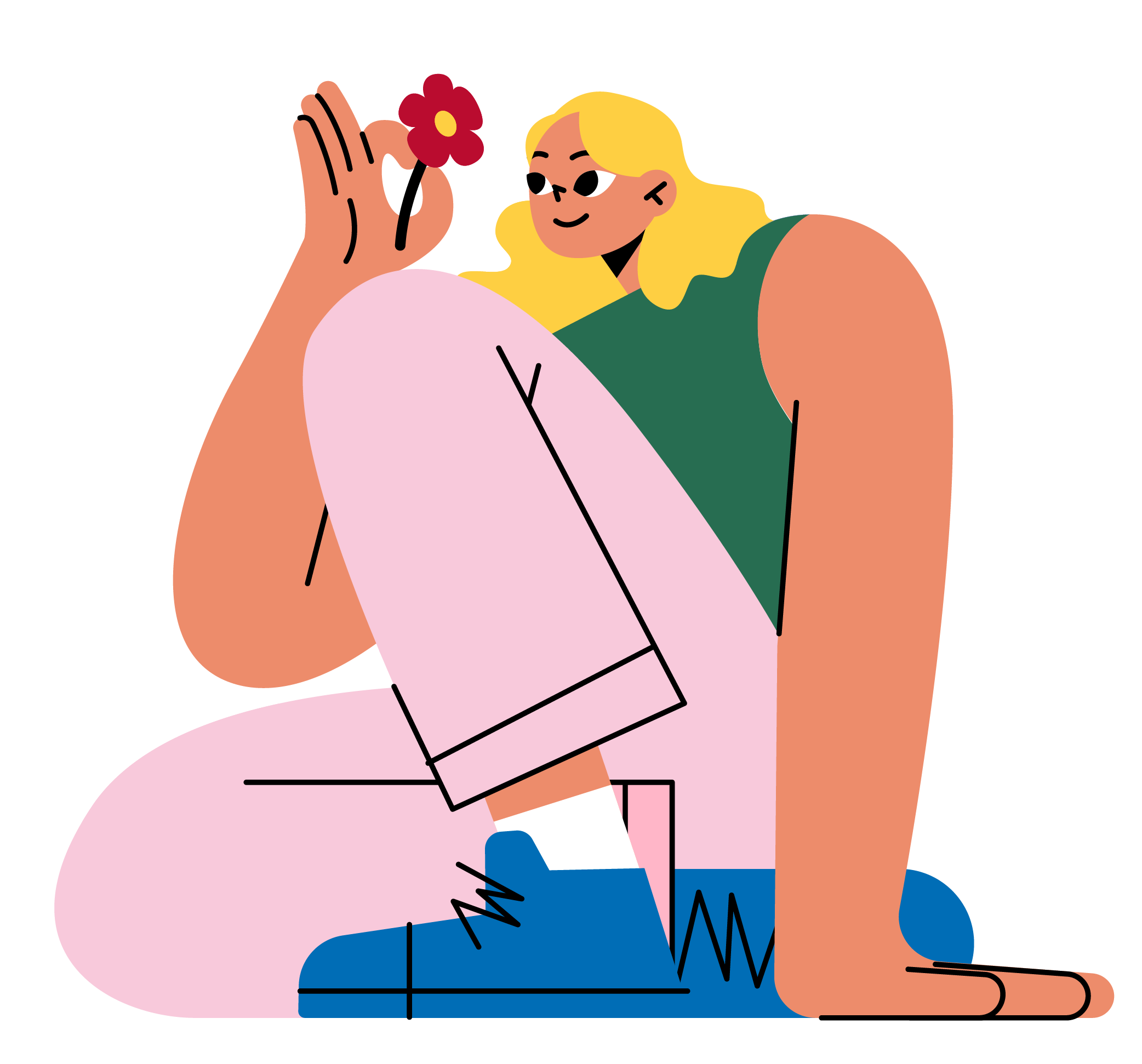 Illustration av flicka som sitter och håller i en blomma.