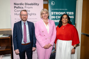 Ministers Ragnar Þór Ingólfsson, Margit Storá, and Lubna Jaffery in front of Nordic rollups