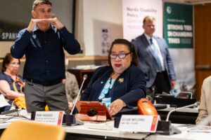 Heba Hagrass speaking, sitting at a conference table