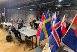 Nordic flags on a table in a meeting room