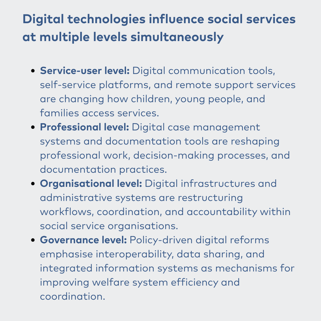 Digital technologies influence social services at multiple levels simultaneously
Service-user level: Digital communication tools, self-service platforms, and remote support services are changing how children, young people, and families access services.
Professional level: Digital case management systems and documentation tools are reshaping professional work, decision-making processes, and documentation practices.
Organisational level: Digital infrastructures and administrative systems are restructuring workflows, coordination, and accountability within social service organisations.
Governance level: Policy-driven digital reforms emphasise interoperability, data sharing, and integrated information systems as mechanisms for improving welfare system efficiency and coordination.