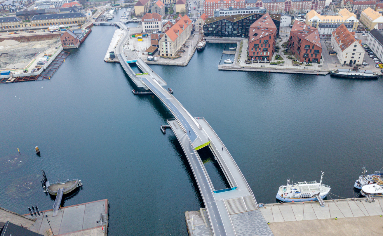 Aerial view of inner harbor bridge in copenhagen